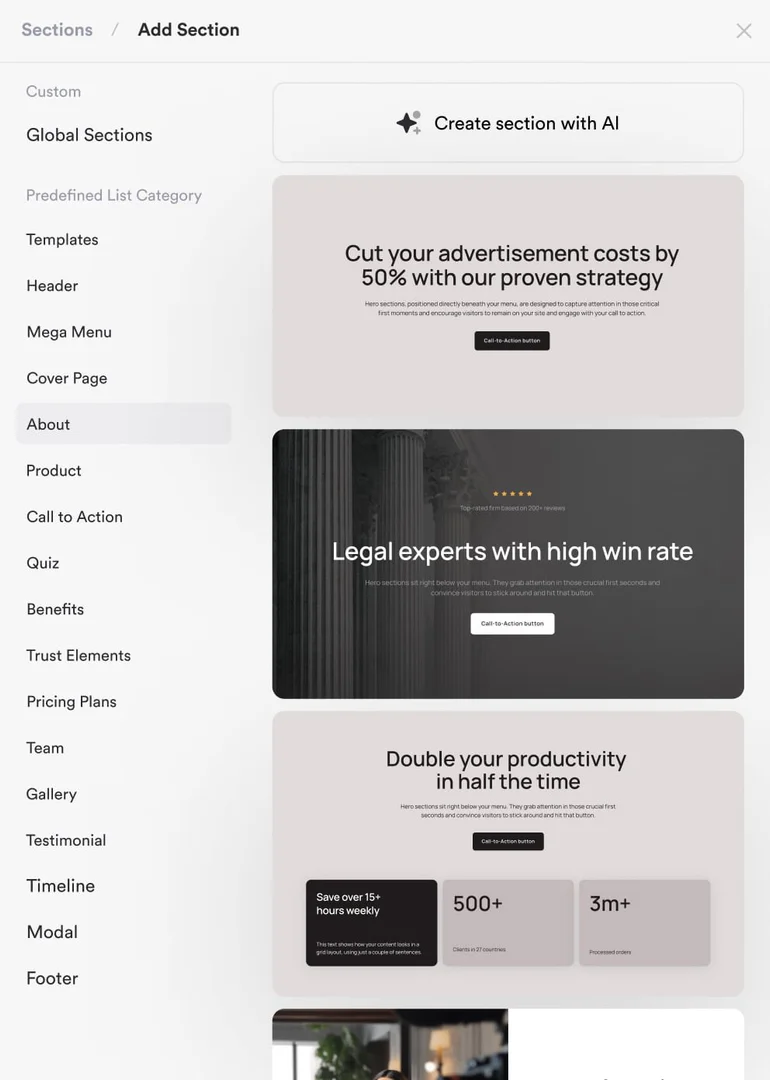 Onepage feature demonstration showing template customization options