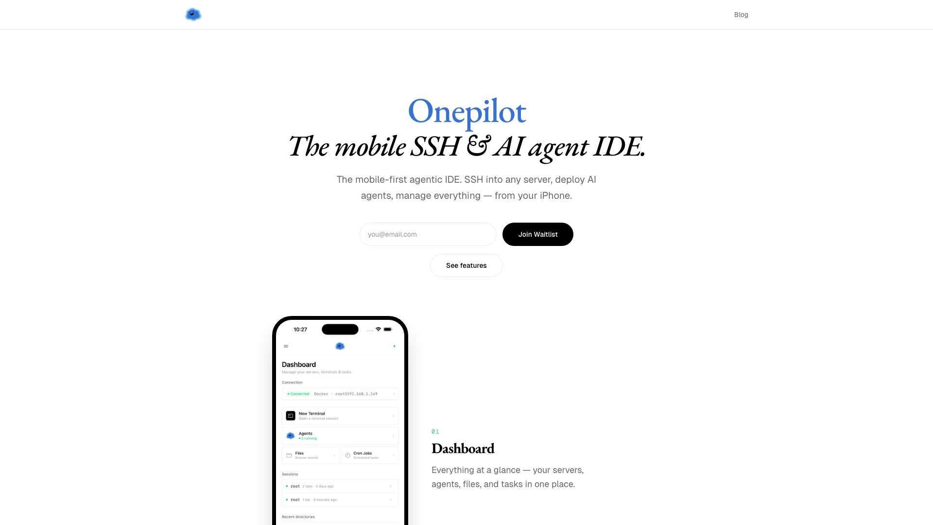 Onepilotapp website screenshot showing Onepilotapp is a mobile-first agentic ID... interface and features