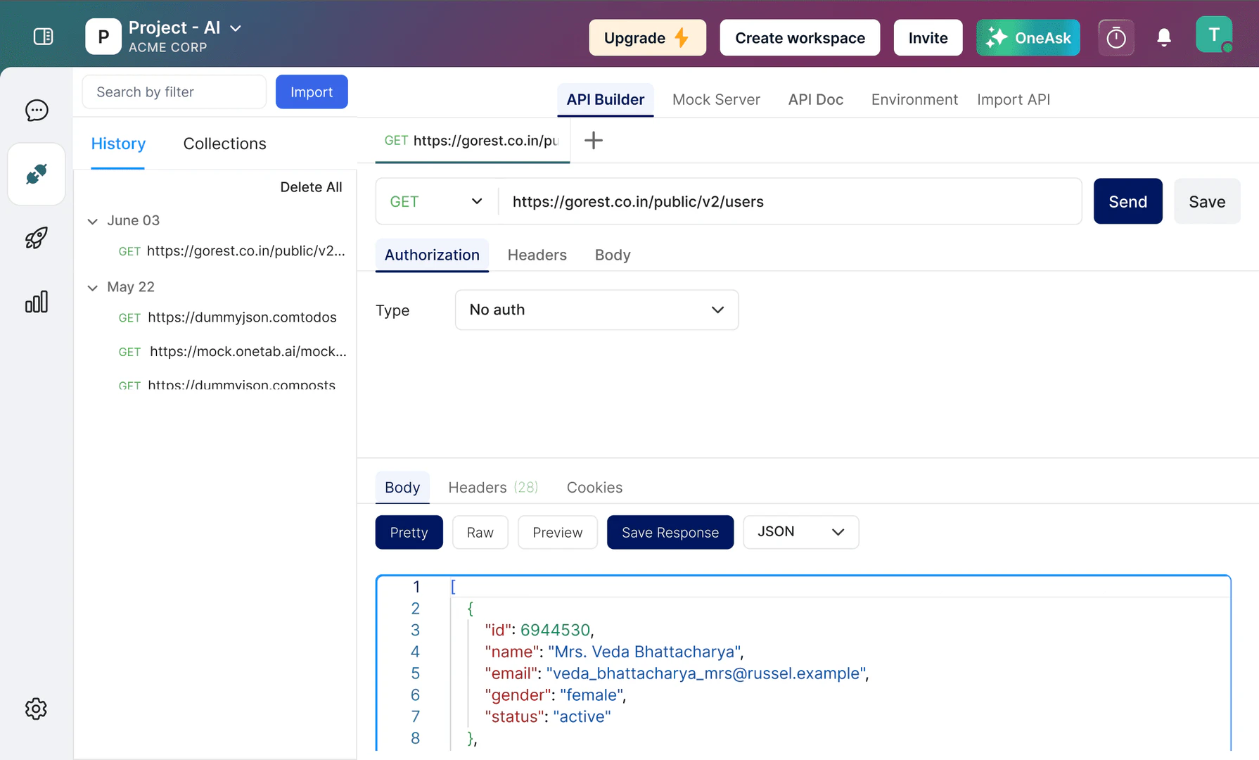 Onetabai API writing interface