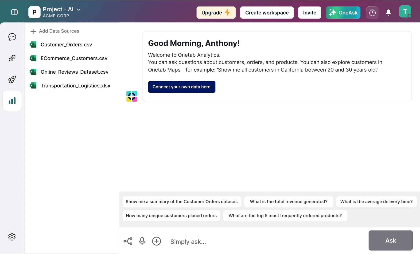 Onetabai data analytics interface