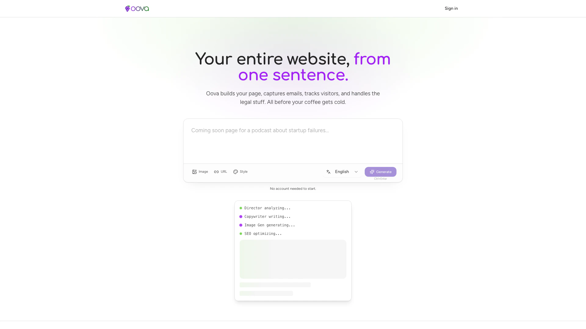 Oovaai website screenshot showing Oovaai erstellt Ihre gesamte Website aus... interface and features