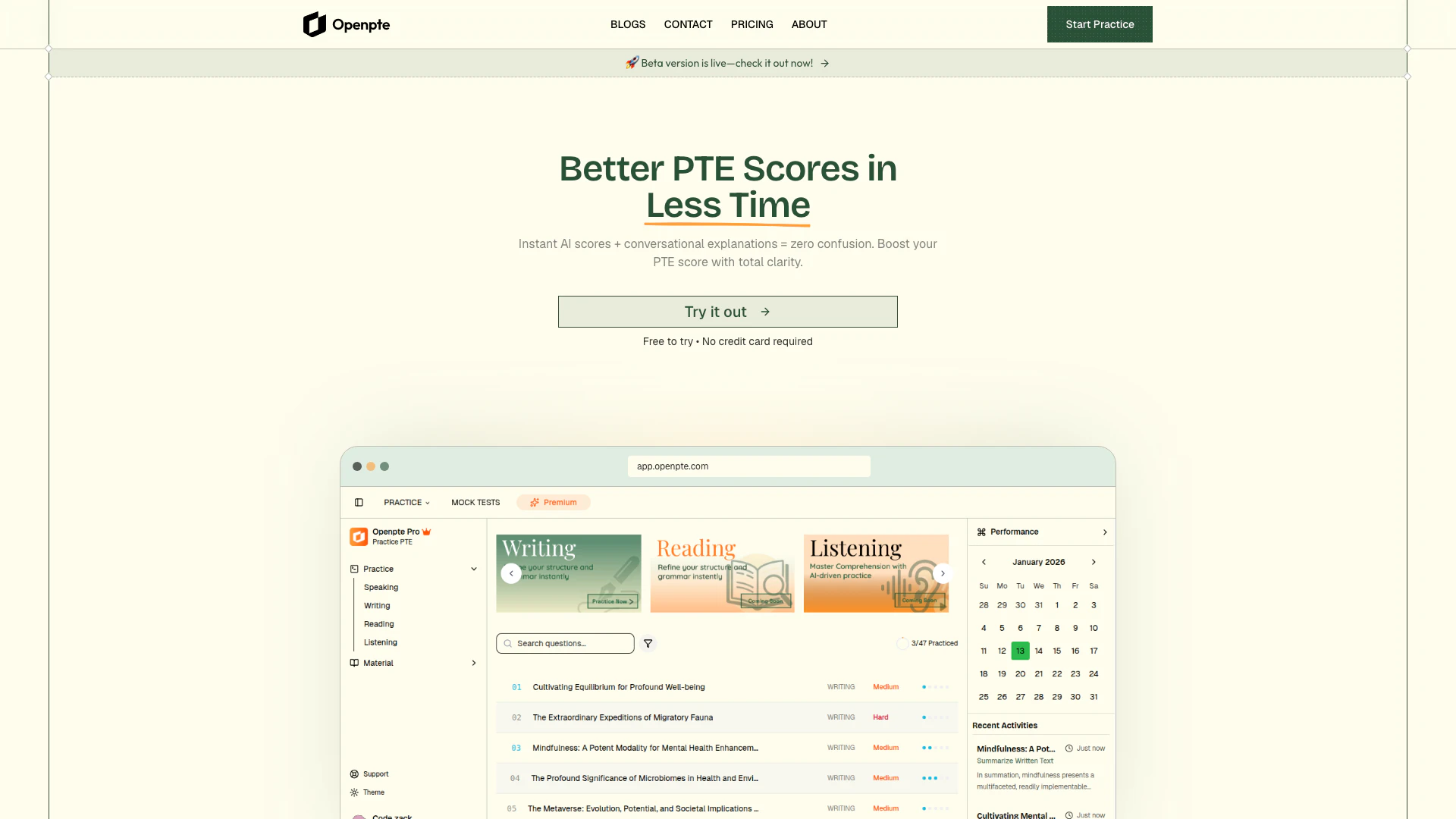 Openpte website screenshot showing Master PTE with OpenPTE's free mock test... interface and features