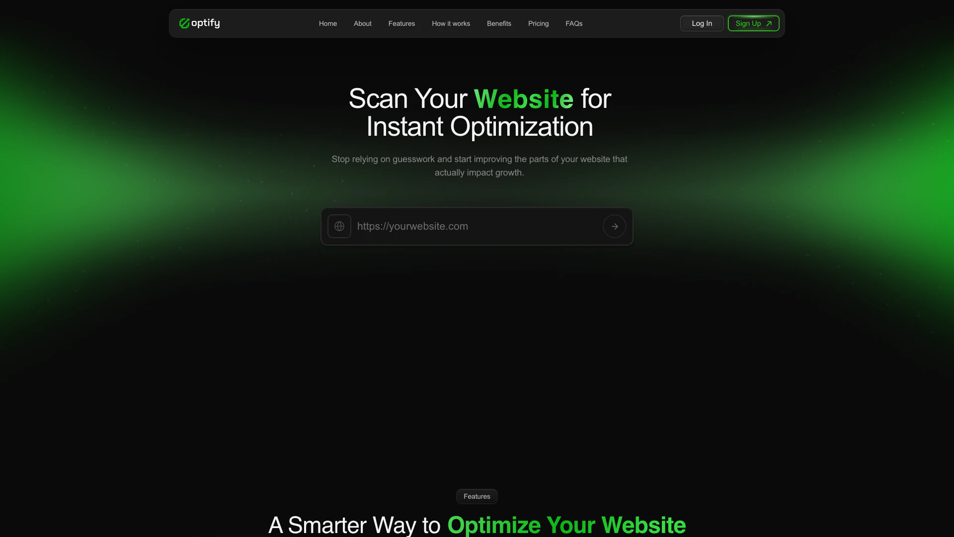 Optifyai website screenshot showing Optifyai helps you identify performance ... interface and features