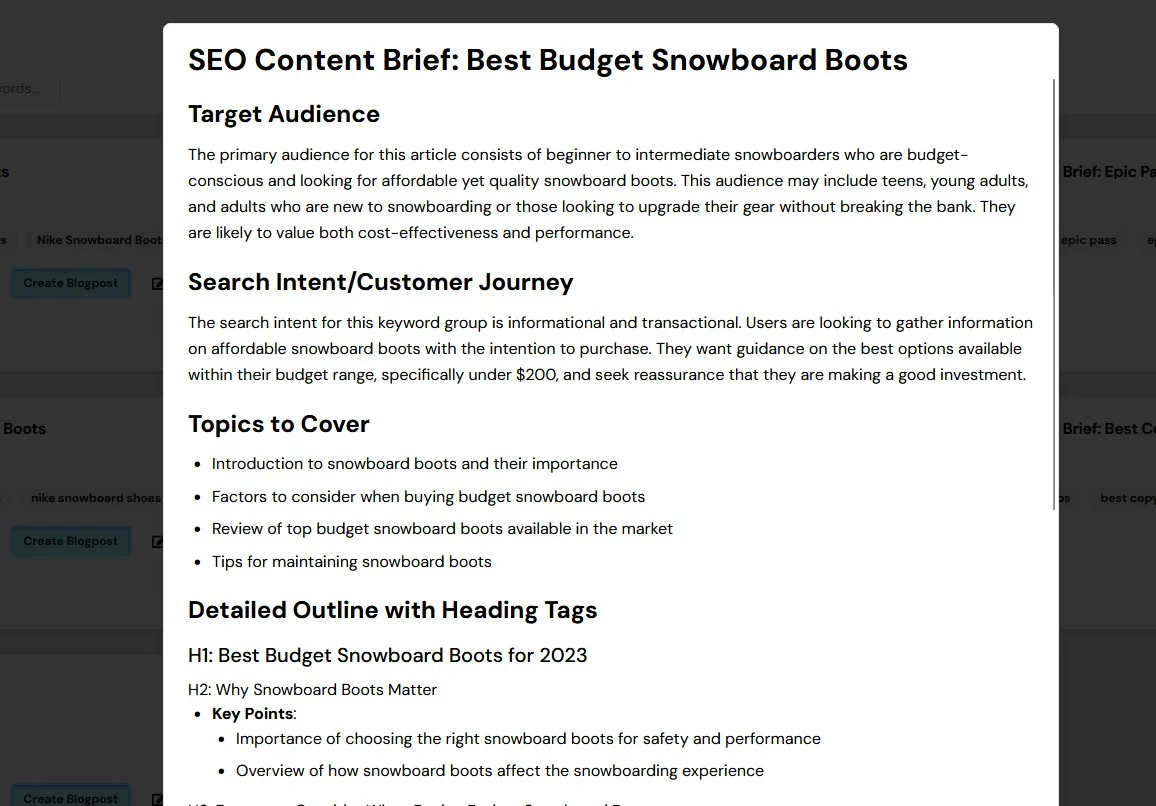Optiwing SEO-optimized content outline example