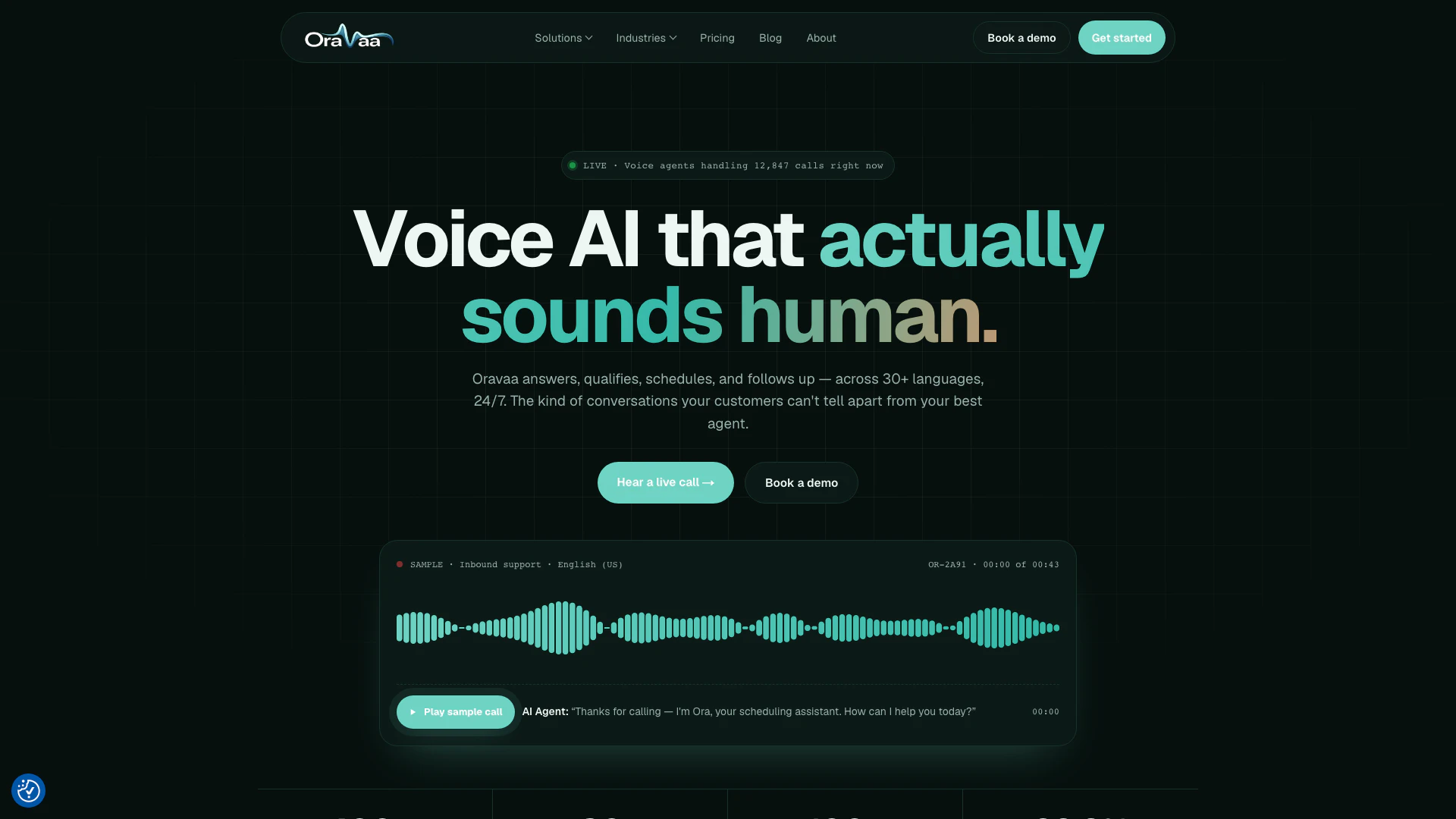 Oravaa website screenshot showing Oravaa is a Voice AI solution designed f... interface and features