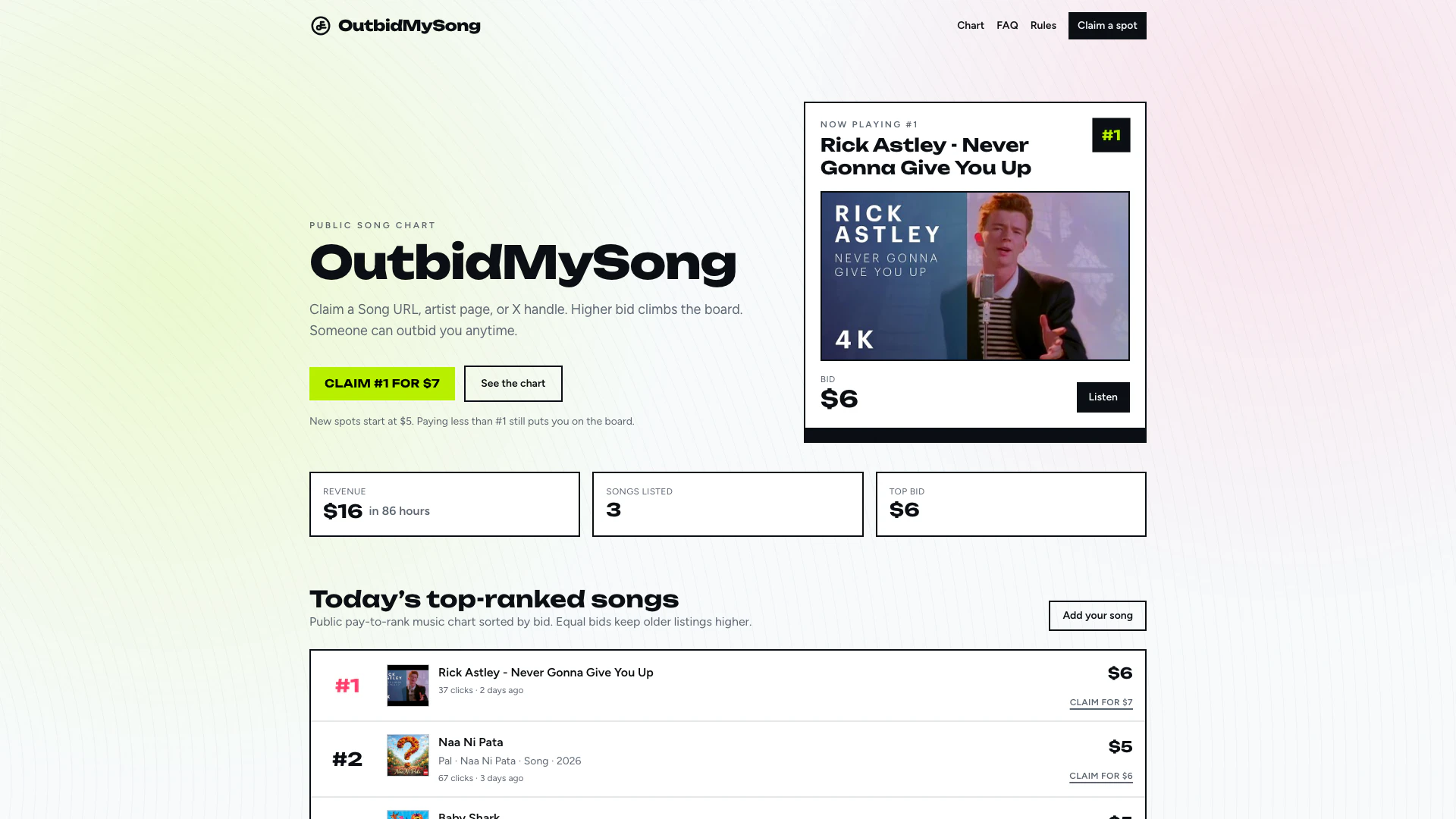 Outbidmysong website screenshot showing 透過競標攀登公共音樂排行榜。OutbidMySong 讓藝術家和推廣者可以聲明歌... interface and features