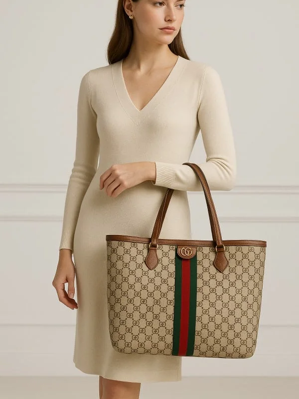 Woman in a cream knit dress with a Gucci tote bag, using Outfit tool