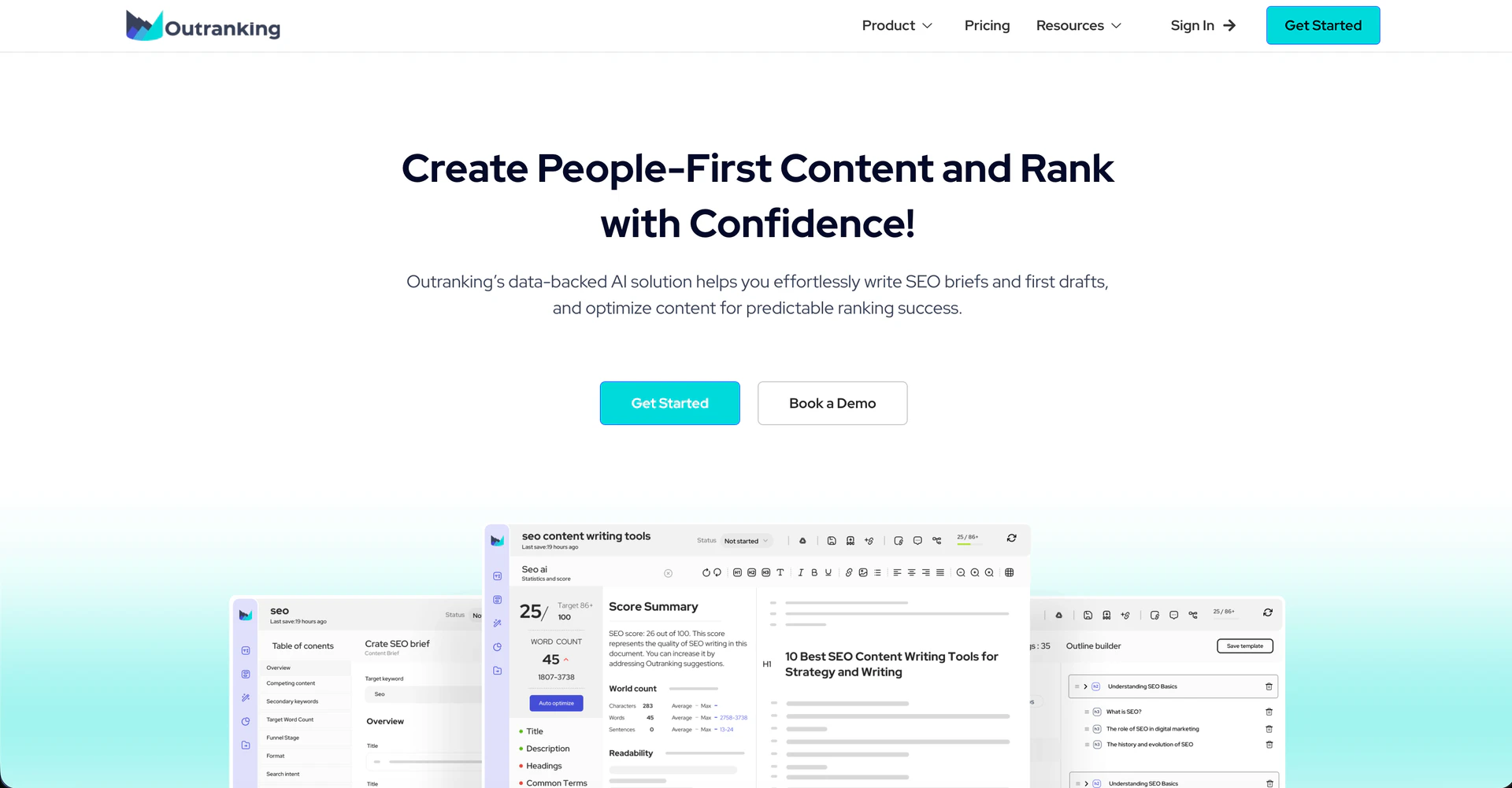 Outranking website screenshot showing Make SEO content writing easy with softw... interface and features