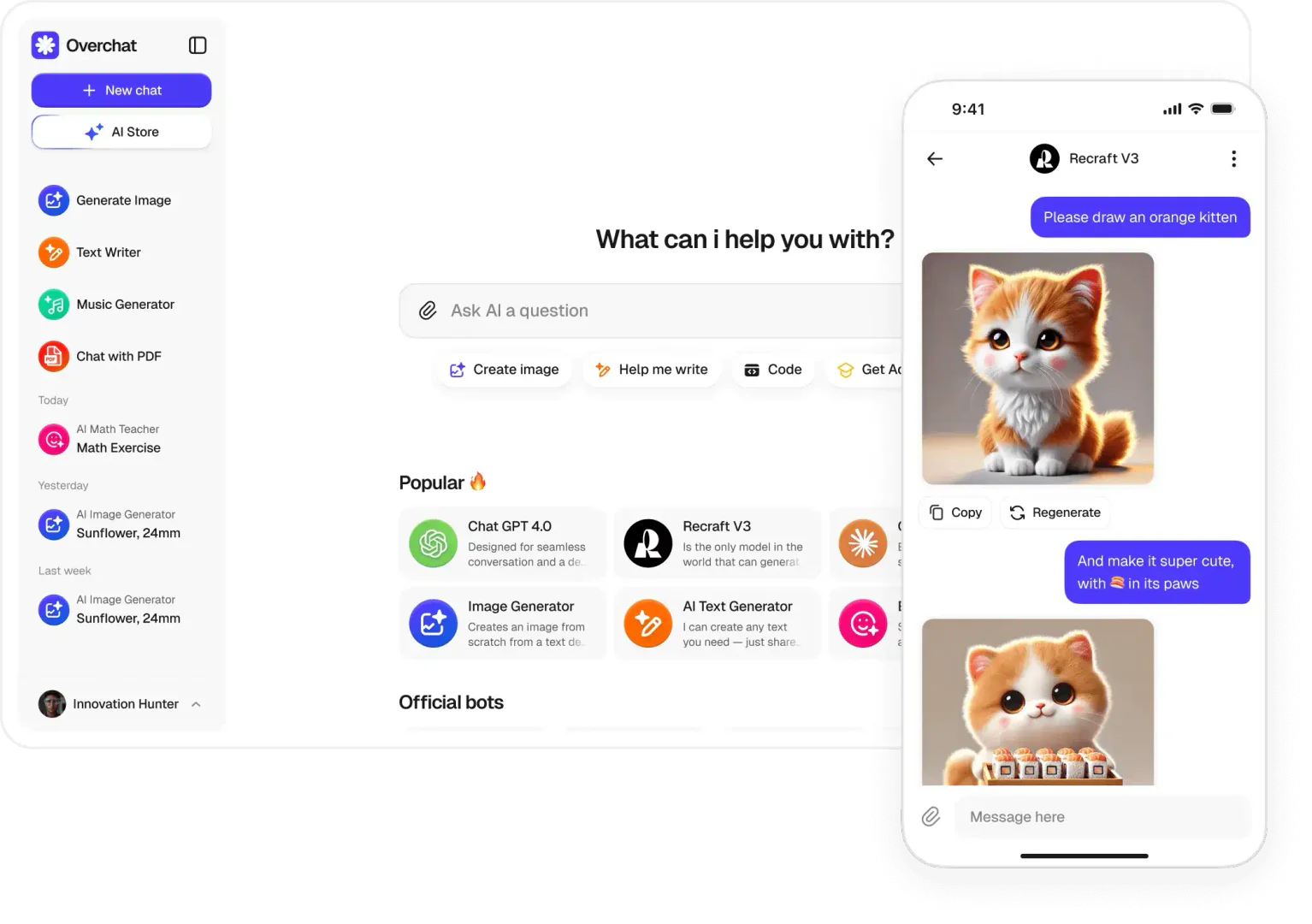 Overchat AI product interface showing chat and image generation features