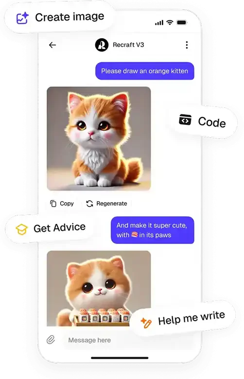 Overchat AI mobile interface generating images of a kitten