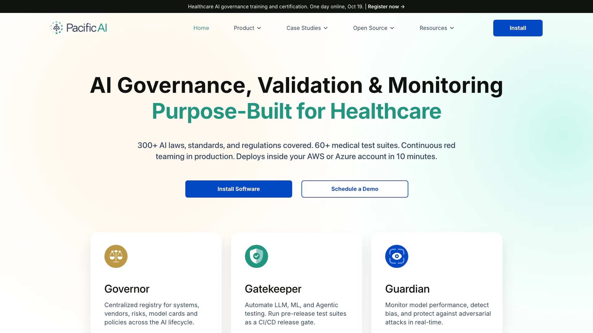 Pacificai website screenshot showing La plataforma de gobernanza de IA en sal... interface and features