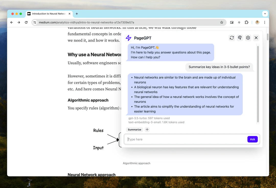 PageGPT product overview showing chatbot interface