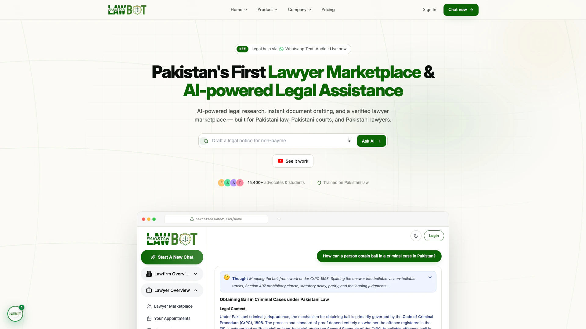 Pakistanlawbot website screenshot showing Pakistan's #1 AI legal platform providin... interface and features
