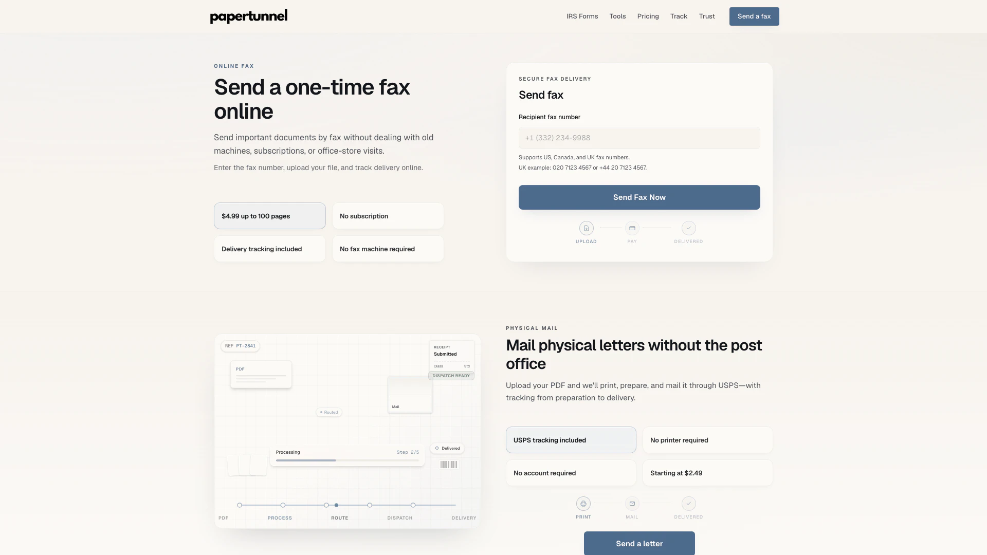 Papertunnel website screenshot showing Send documents by fax online without a s... interface and features