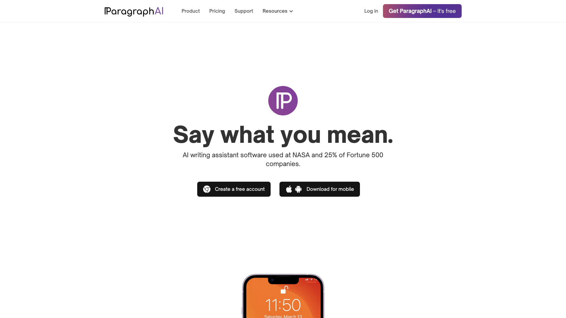 Paragraphai website screenshot showing 使用ParagraphAI提升您的写作,免费AI助手。 interface and features