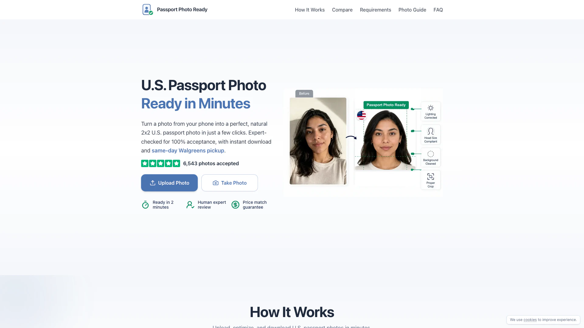 Passportphotoready website screenshot showing Créez une photo de passeport américaine ... interface and features