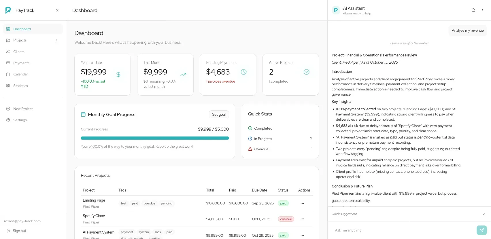 Pay-track payment tracking dashboard displaying interactive charts and cash flow insights