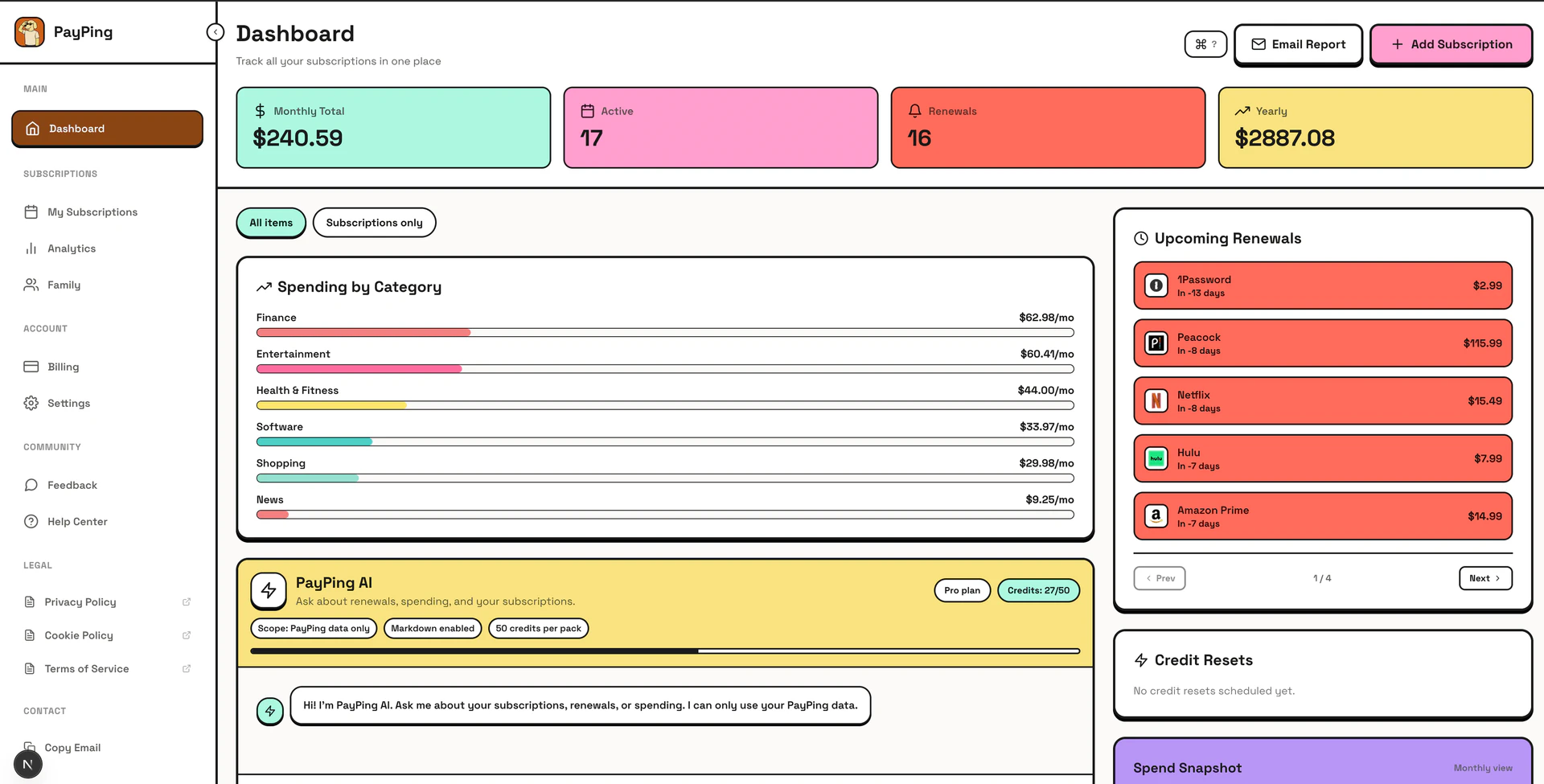 Payping product dashboard overview