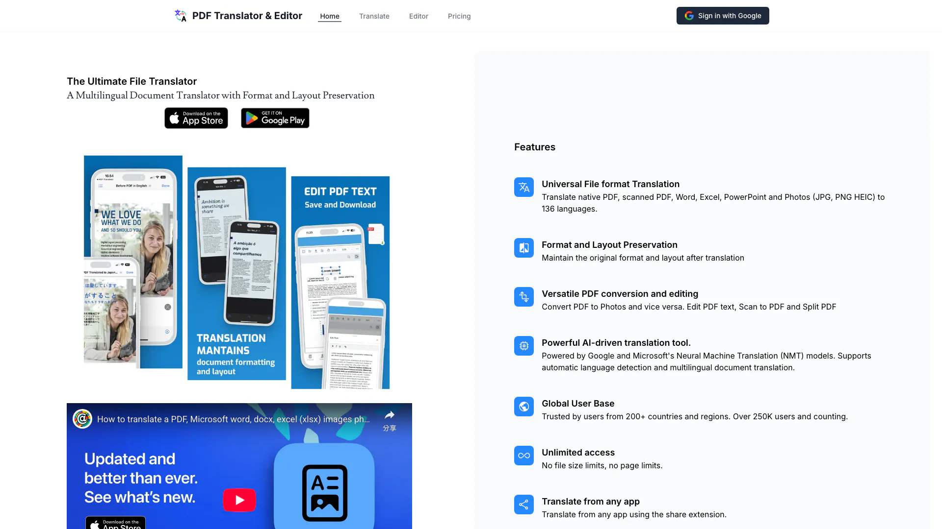 Pdf Translator Editor website screenshot showing Traduza seus PDFs, pptx, fotos, document... interface and features