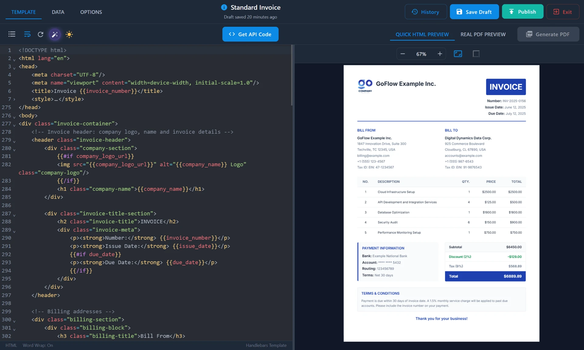 PDFBolt Handlebars template designer with code editor and real-time PDF preview