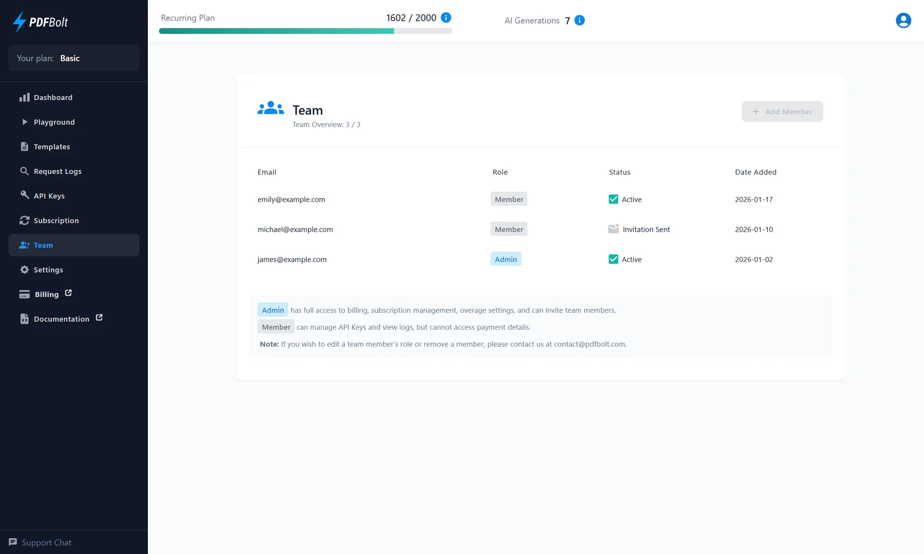 PDFBolt team management dashboard for inviting members