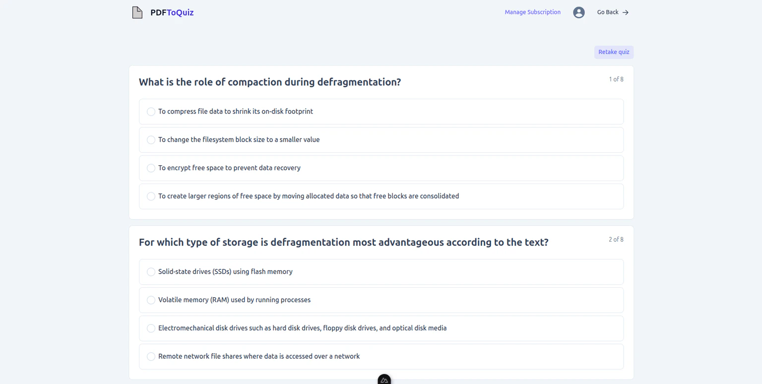 PDFToQuiz AI-generated quizzes screenshot
