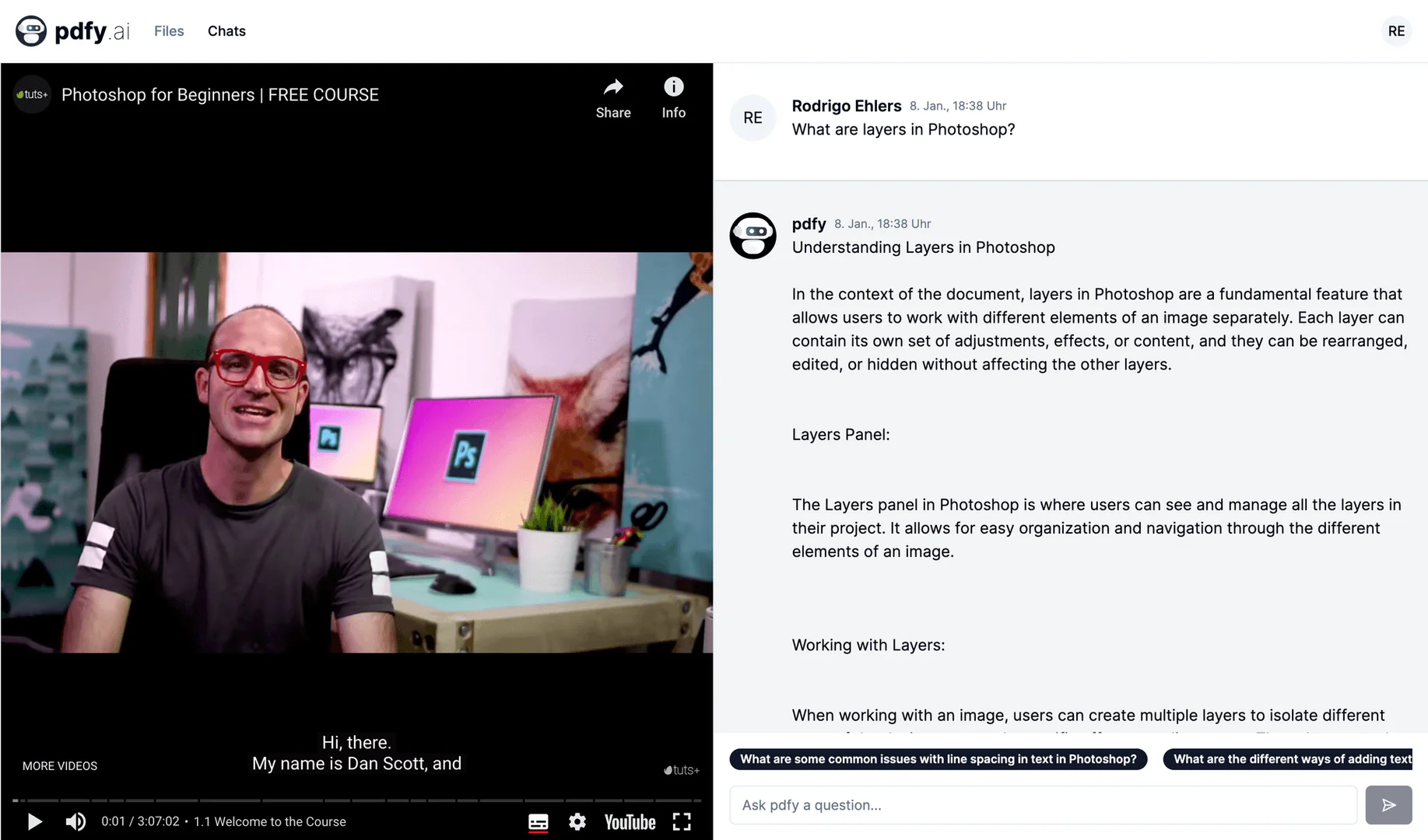 Pdfyai application scenario with YouTube video source