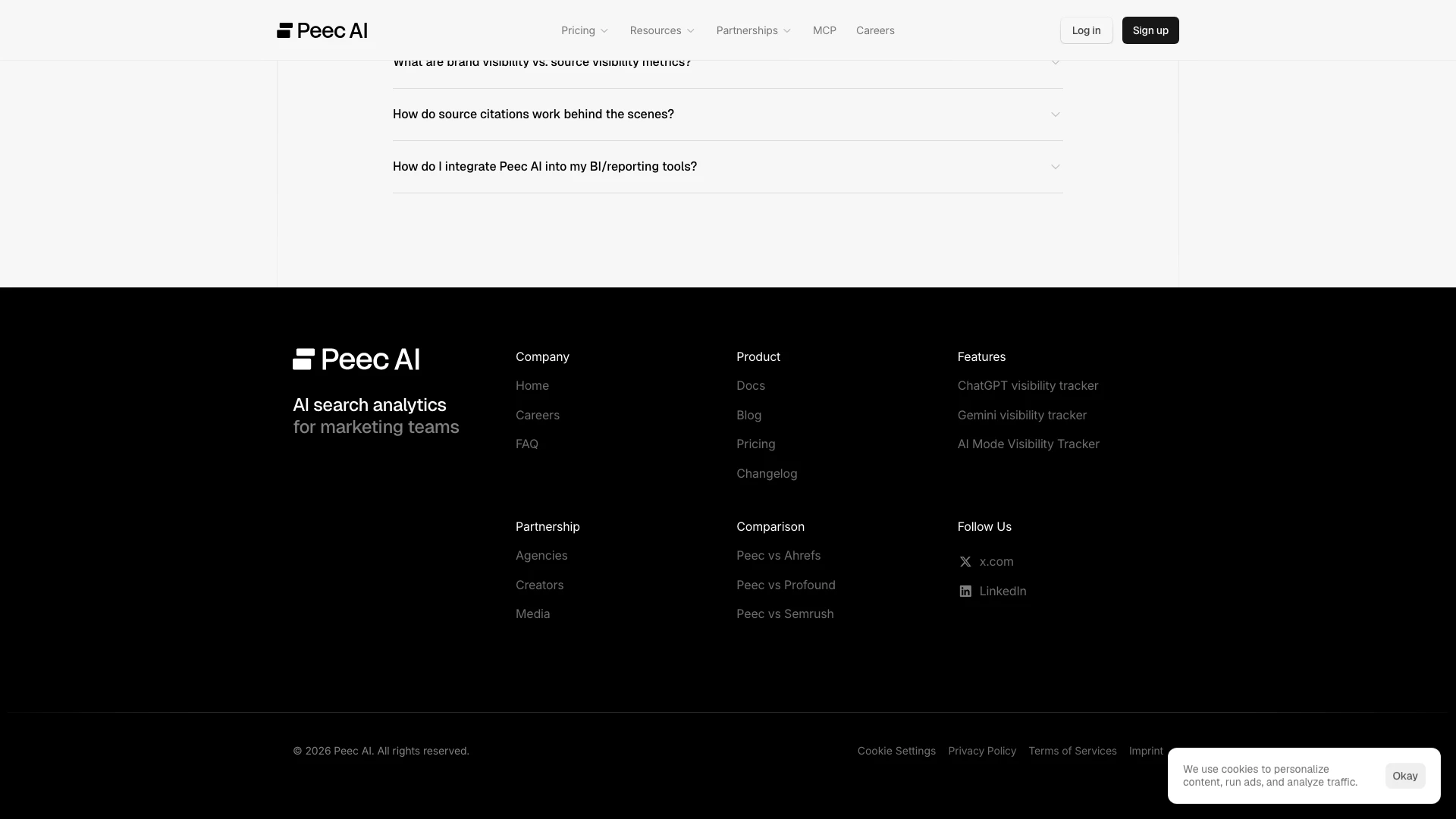 Peecai website screenshot showing Peec AI permite a los equipos de marketi... interface and features
