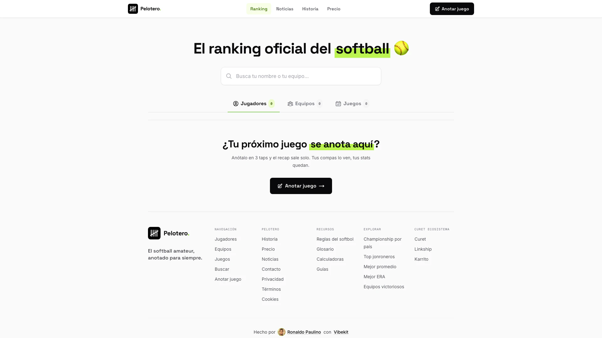 Pelotero website screenshot showing Pelotero是软式棒球的官方排名平台,您的名字、团队和统计数据将永远存在,允... interface and features