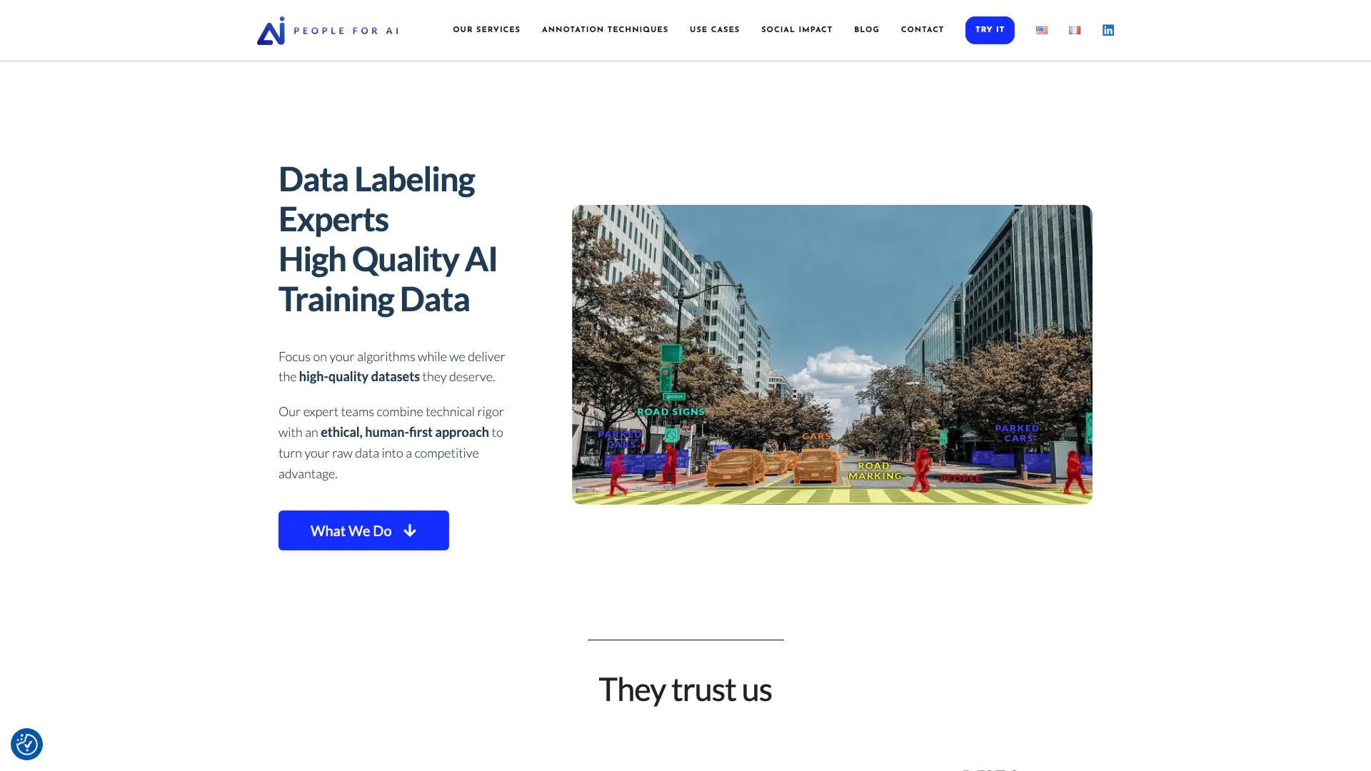 People For Ai website screenshot showing Data Labeling with experts. Get an excep... interface and features