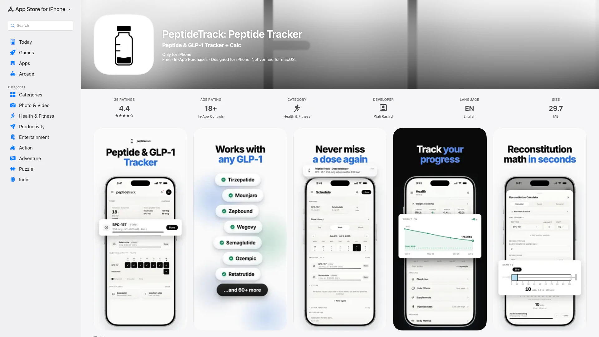 Peptidetrack: Peptide Tracker - iOS App website screenshot showing PeptideTrack is an all-in-one peptide, G... interface and features