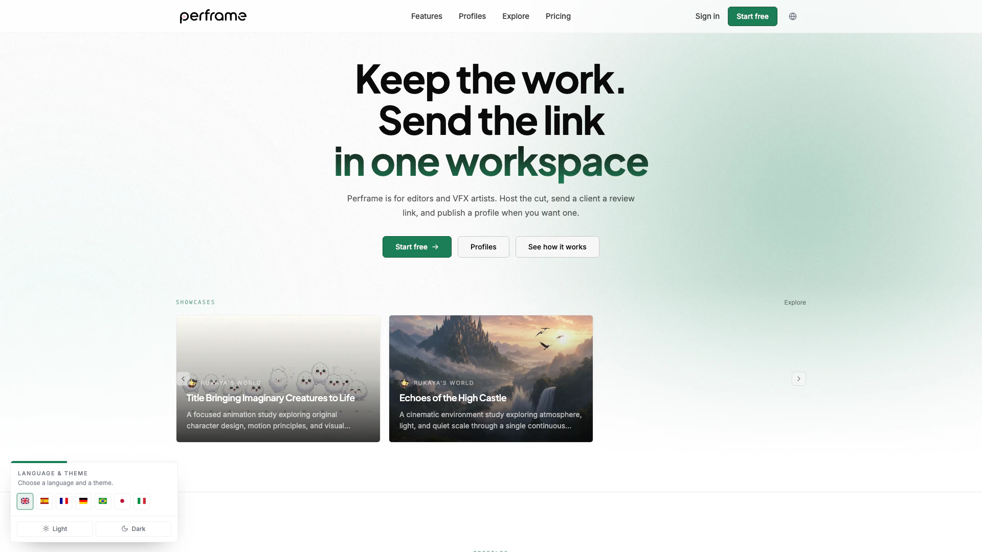 Perframe website screenshot showing Perframeはビデオ編集者やVFXアーティストのためのものです。カットをアッ... interface and features