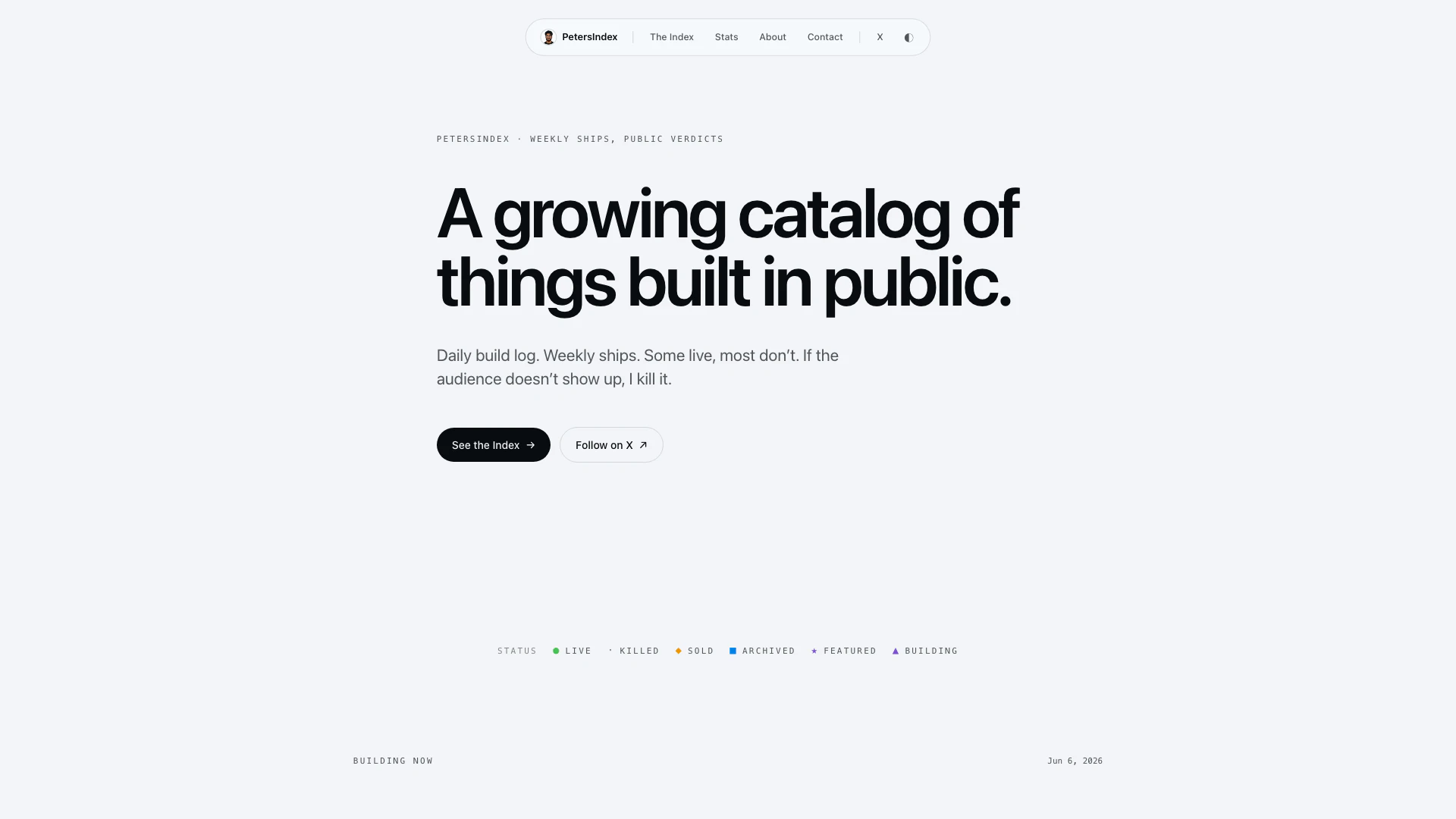 Petersindex website screenshot showing Petersindex is a growing catalog of thin... interface and features