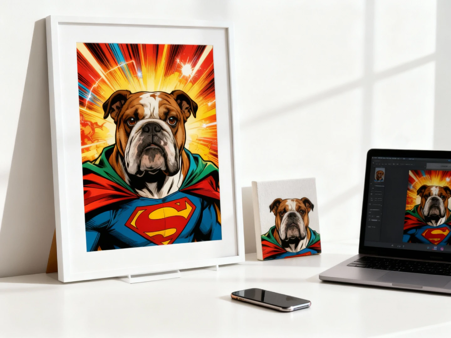 Framed pet portraits in artistic styles