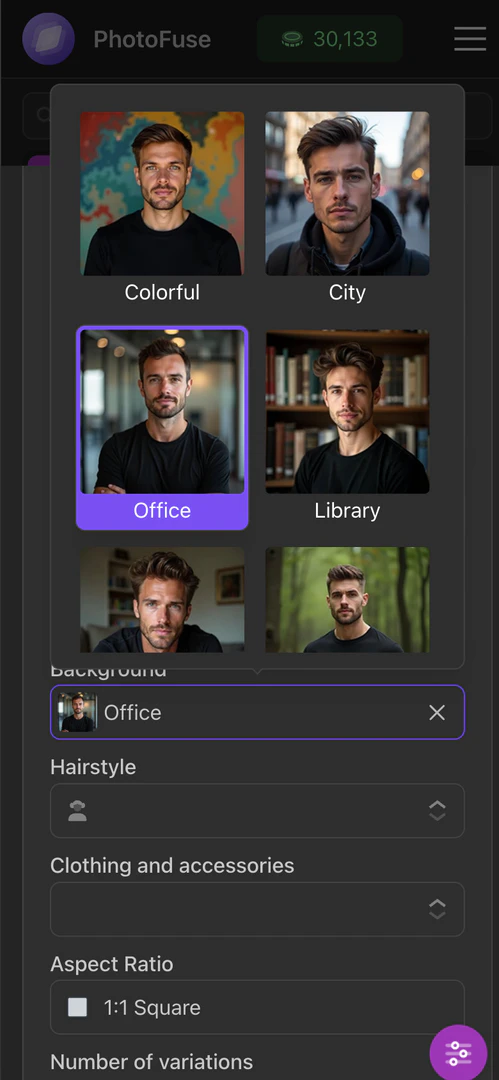 Background selection feature in PhotoFuseAI