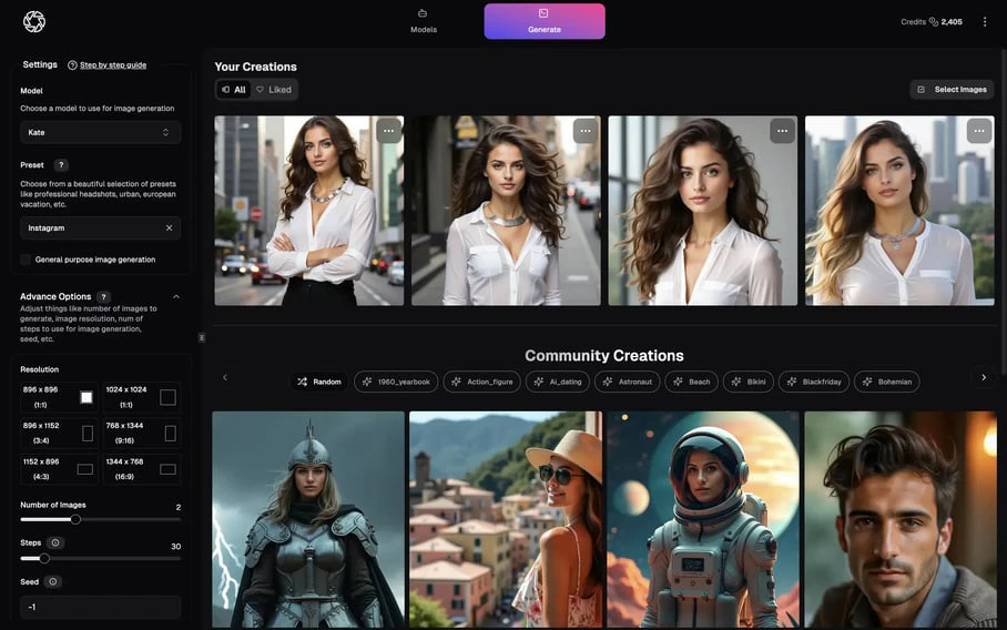PhotoGPT AI dashboard interface showing image generation features