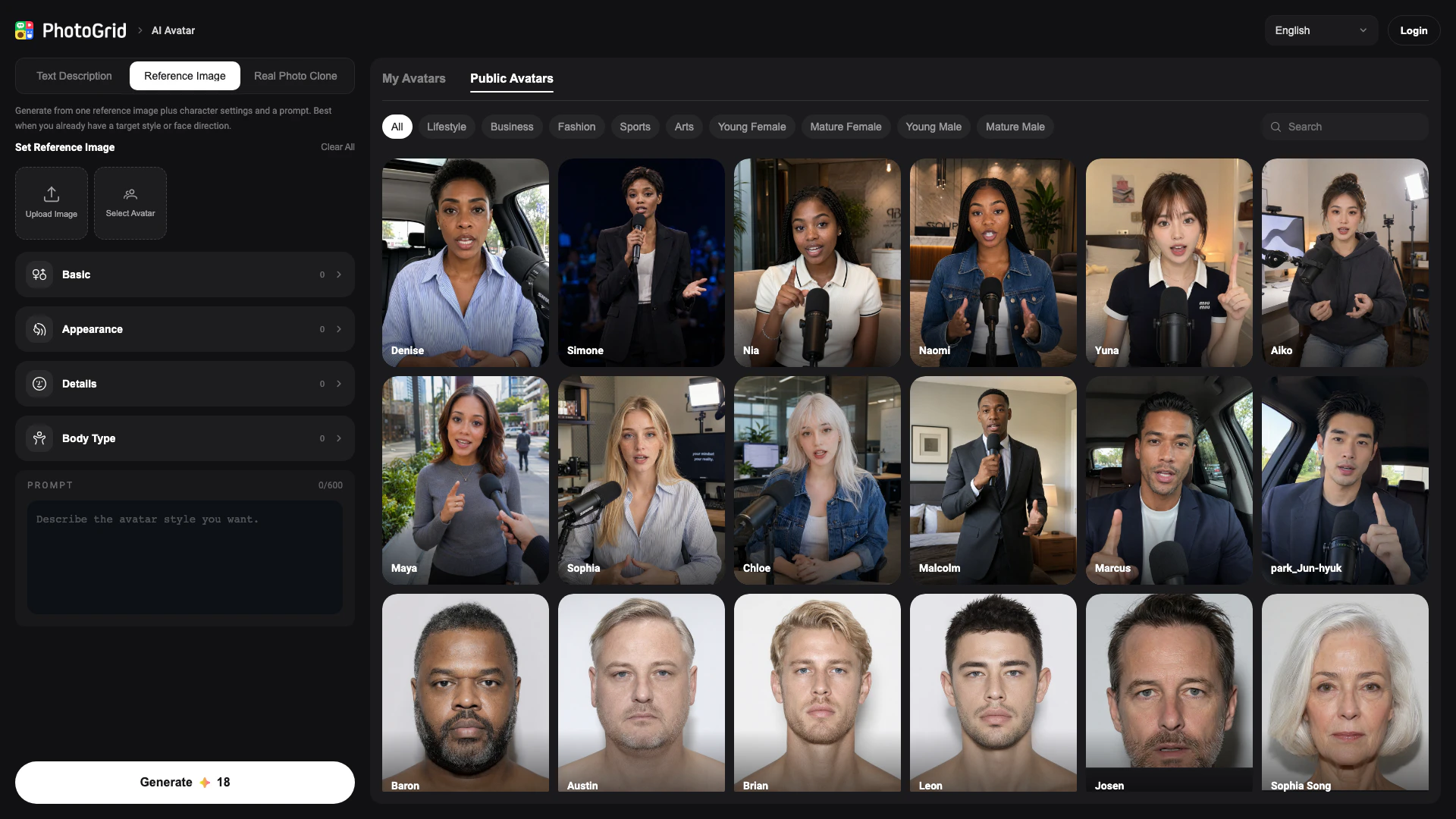 Photogrid website screenshot showing Create unique AI avatars in seconds usin... interface and features