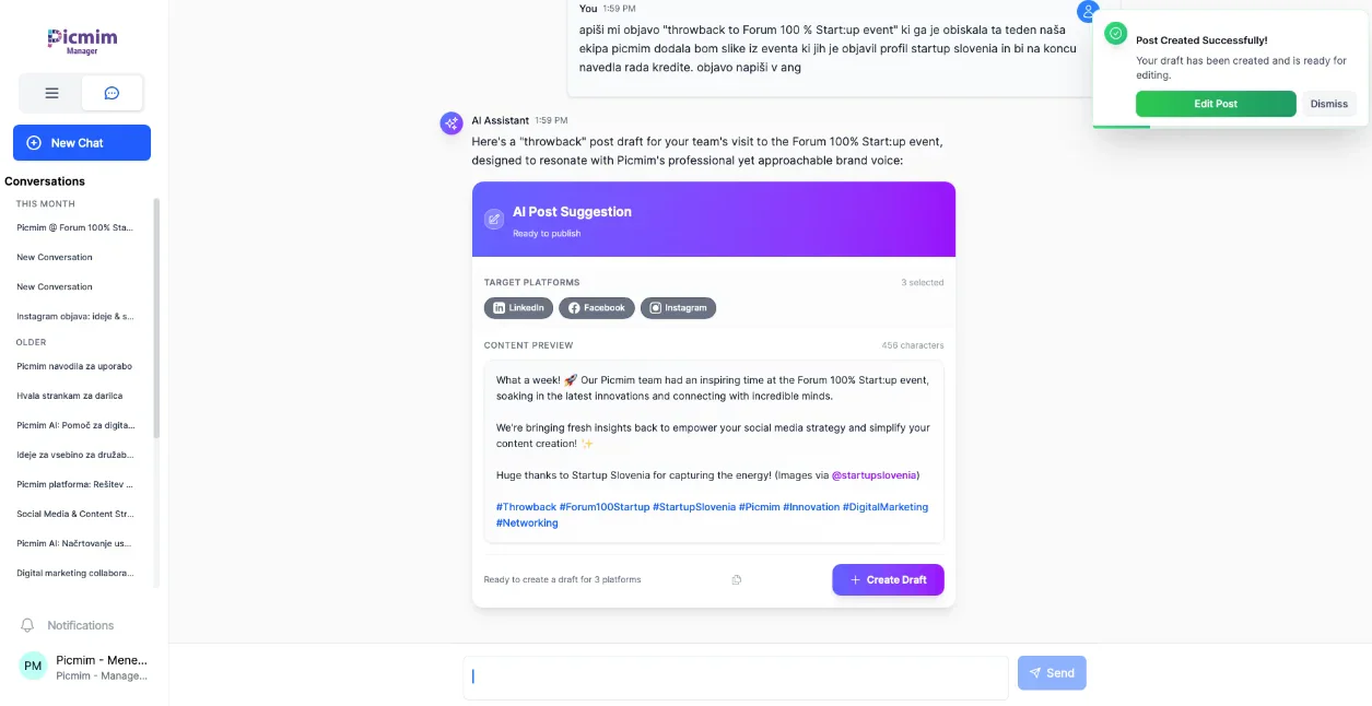 Picmim AI assistant generating social media content