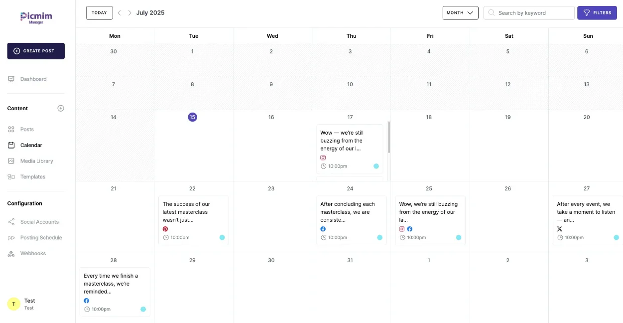 Picmim product interface showing content calendar