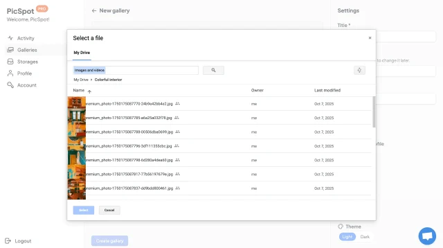 Picspot step 2: Create your gallery from selected images