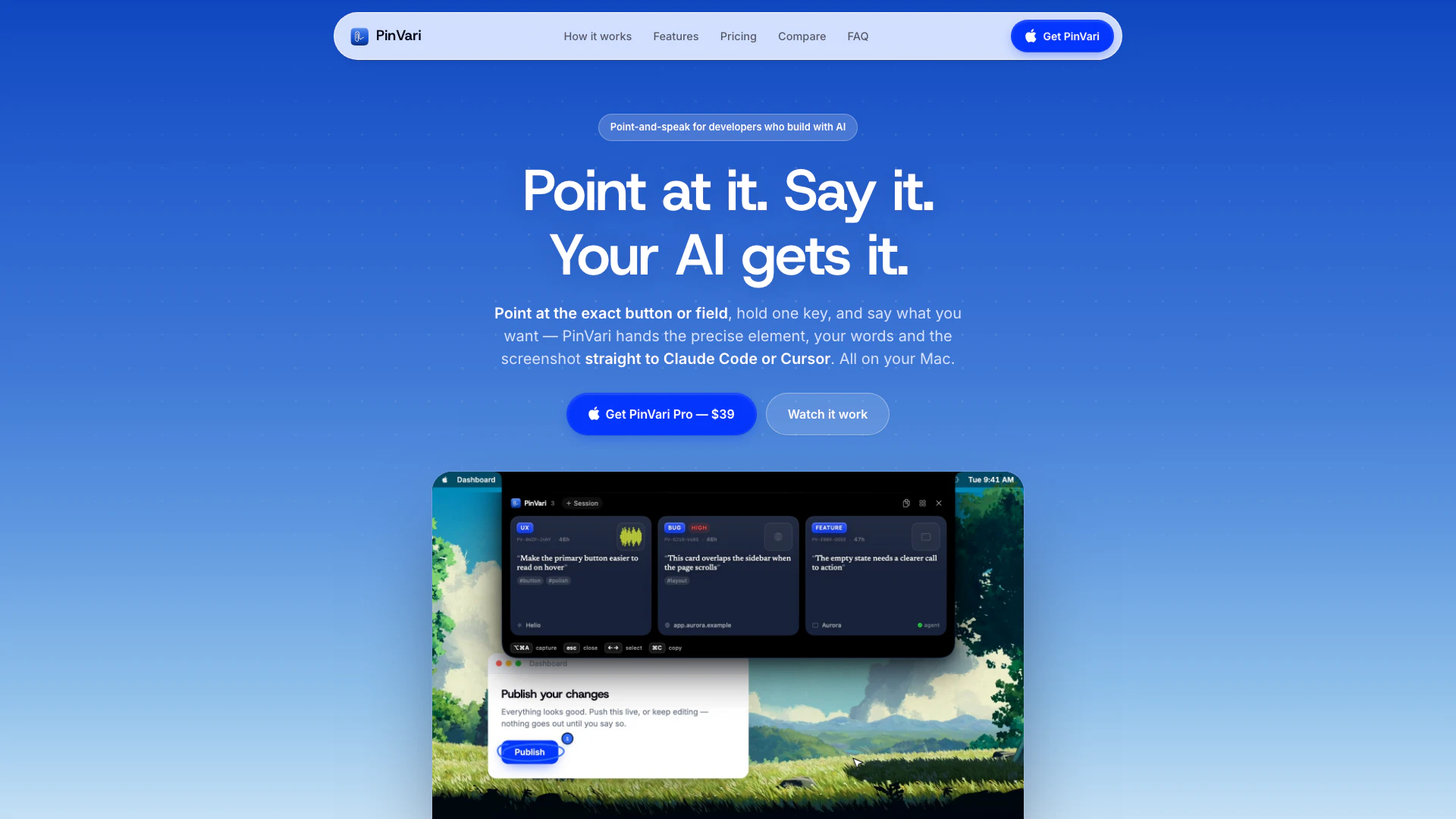 Pinvari website screenshot showing Stop typing out what you want changed. P... interface and features
