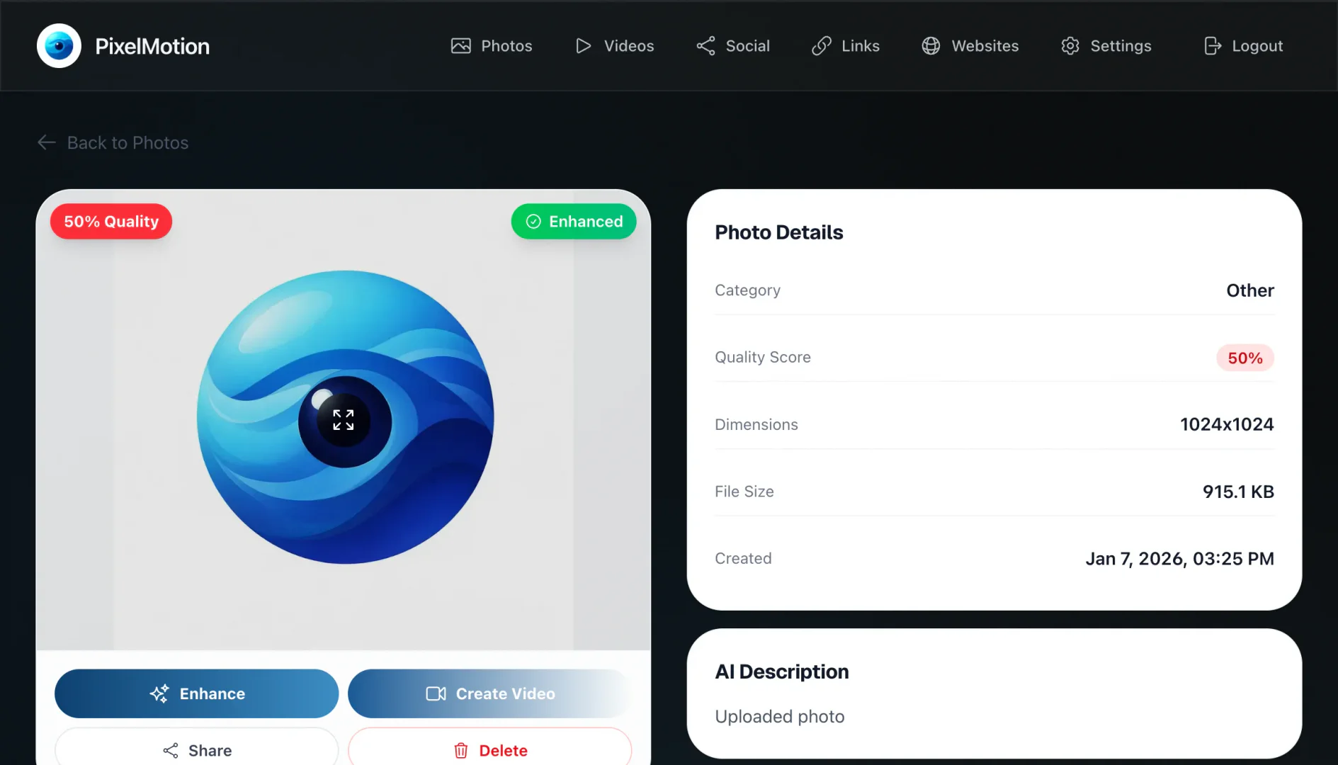 PixelMotion photo detail enhancement options