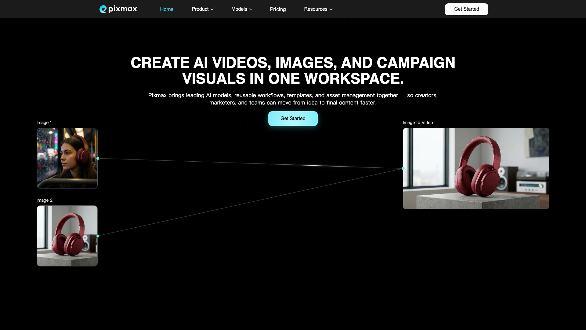 Pixmaxai website screenshot showing Create stunning AI-generated videos, ima... interface and features