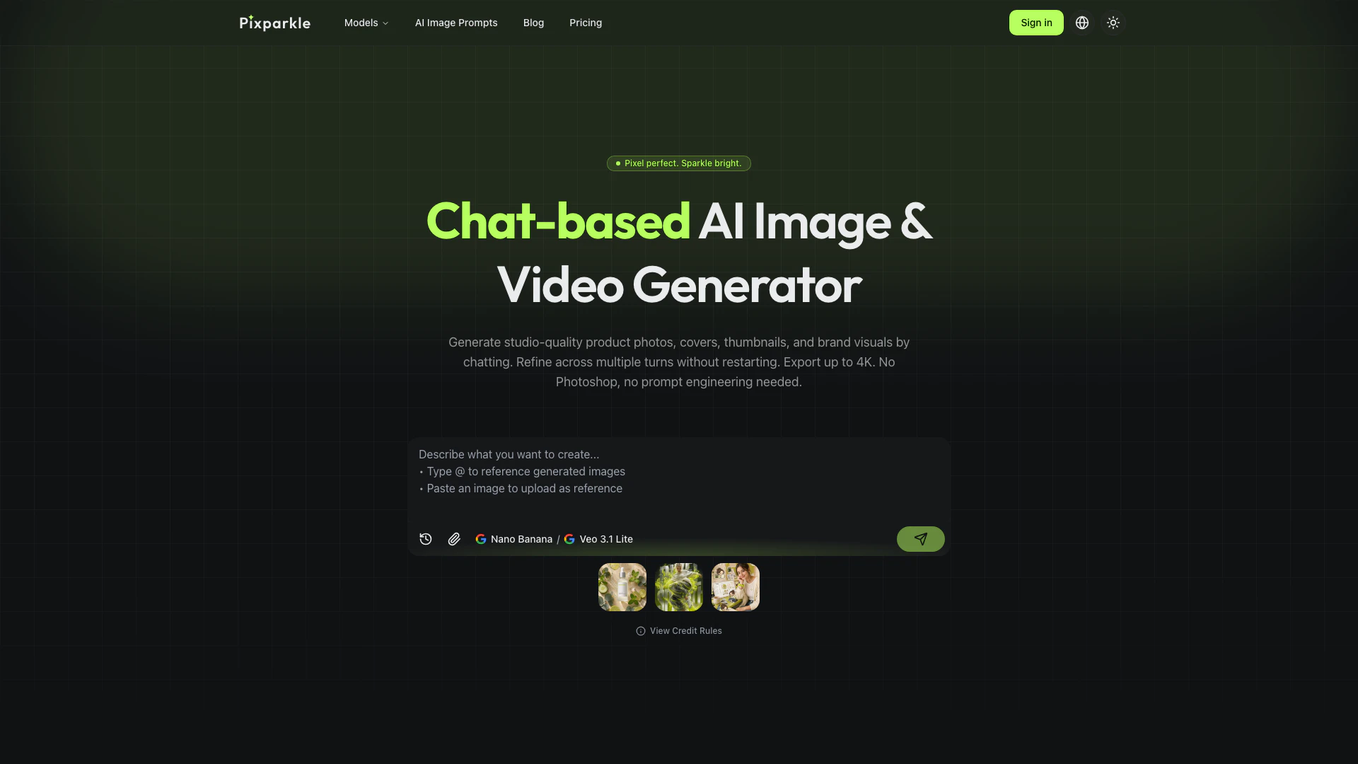 Pixparkle website screenshot showing Pixparkle is a chat-based AI image gener... interface and features