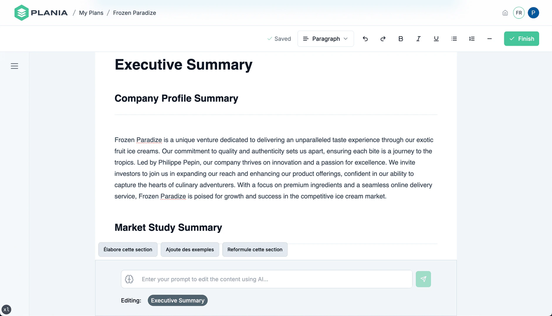 Planiaai market analysis tool interface