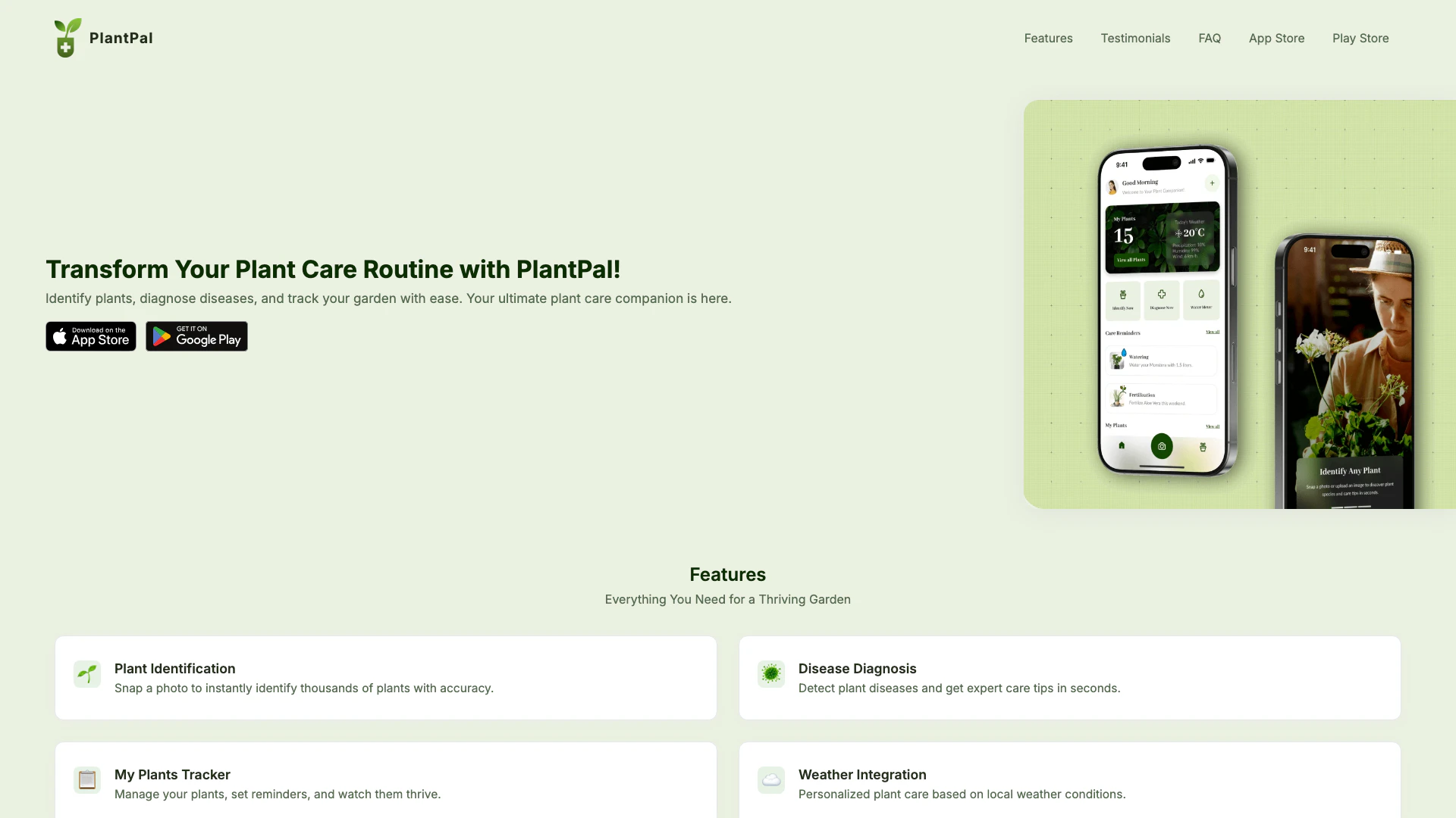 Plantpal website screenshot showing PlantPal帮助您通过AI识别、诊断和照顾您的植物。获取专家提示、提醒和家庭... interface and features