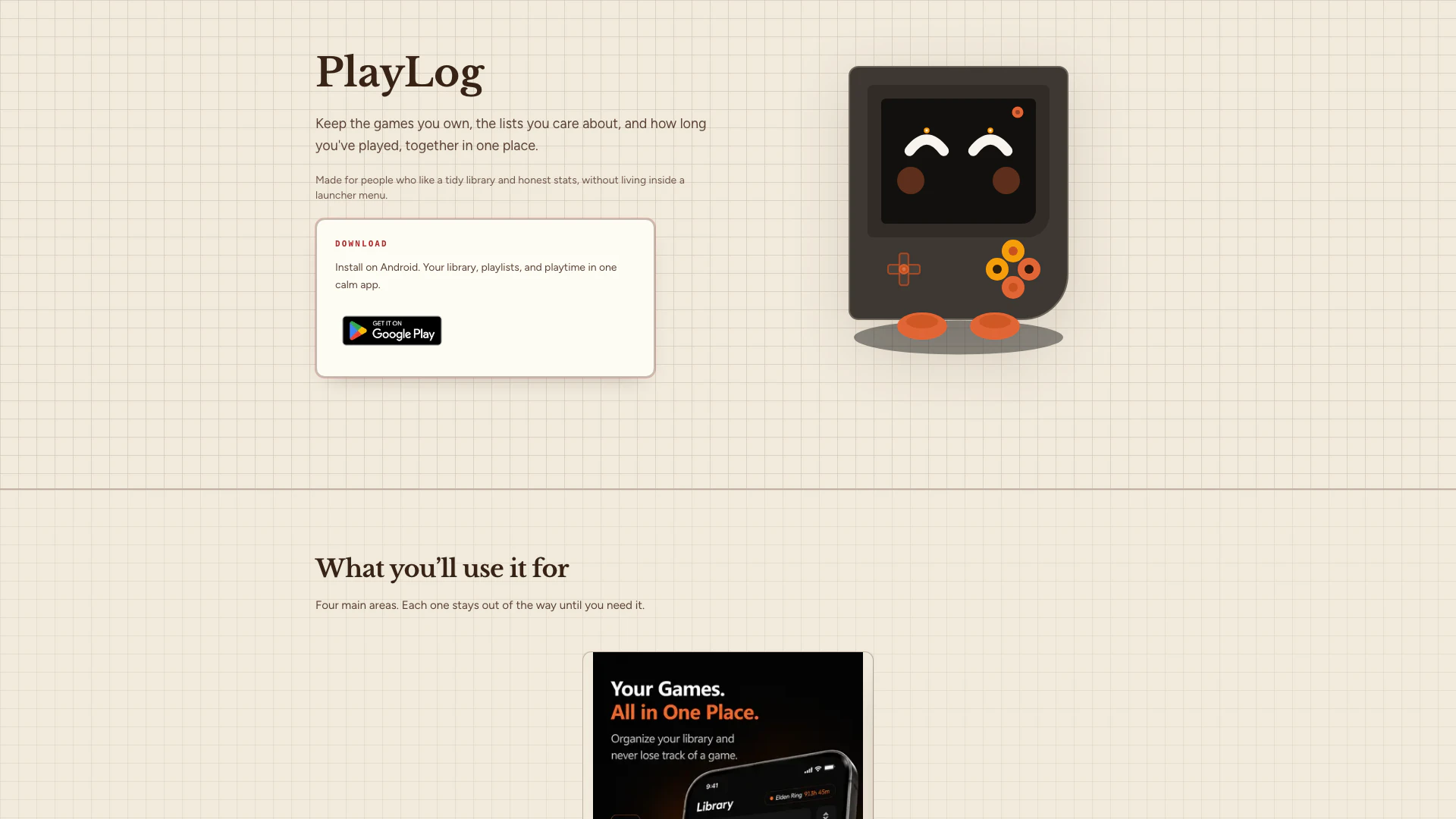 Playlog website screenshot showing PlayLog is a mobile app that helps you m... interface and features