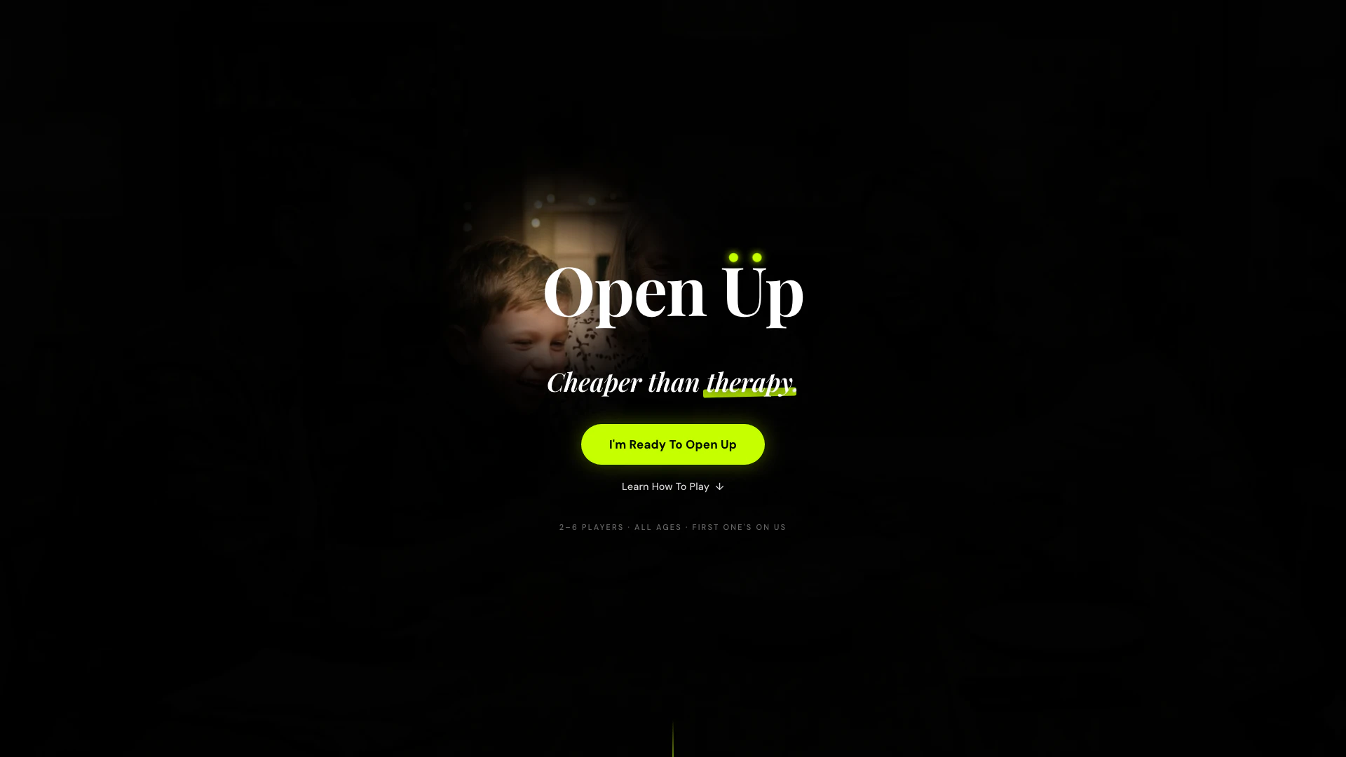 Playopenup website screenshot showing Playopenupは、2〜6人のすべての年齢層のプレイヤーに最適な、意味のある... interface and features