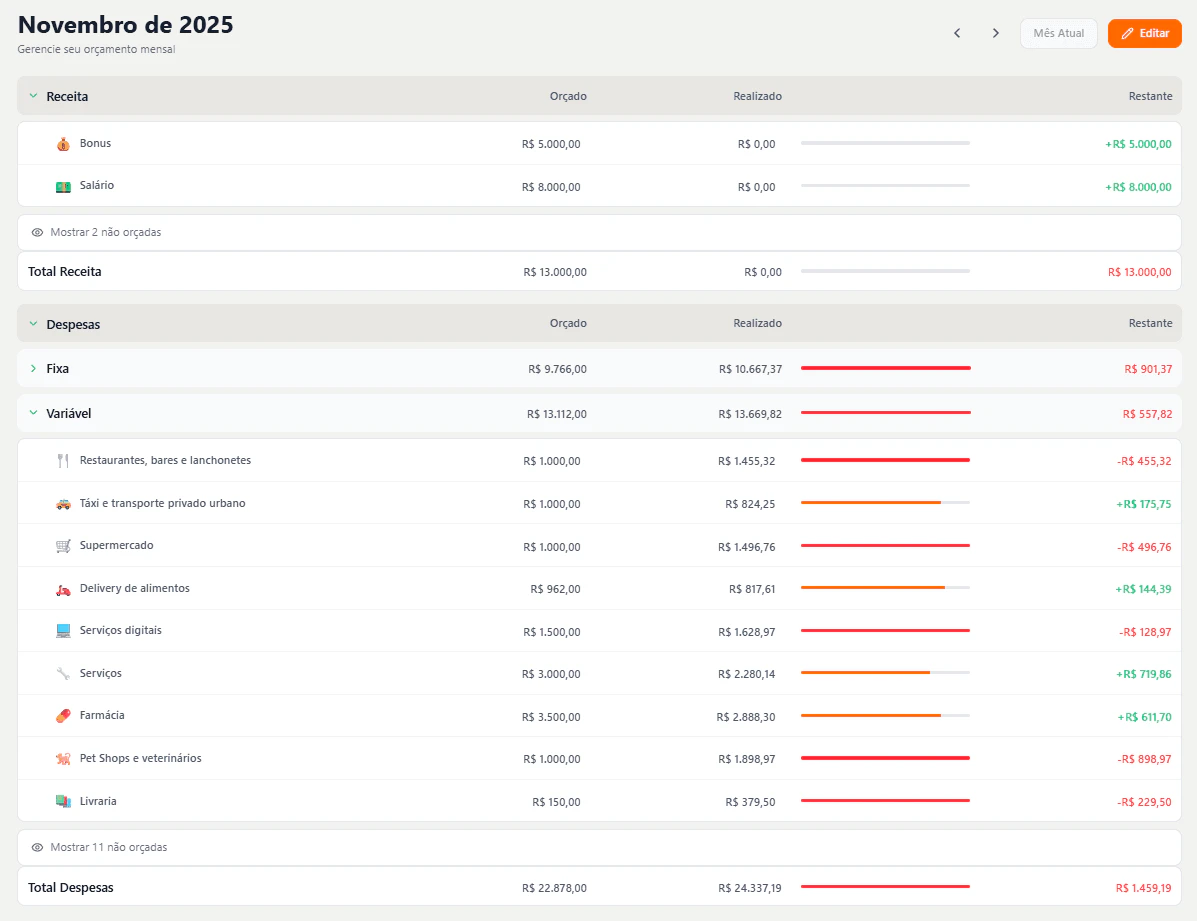 Pluma monthly budget dashboard