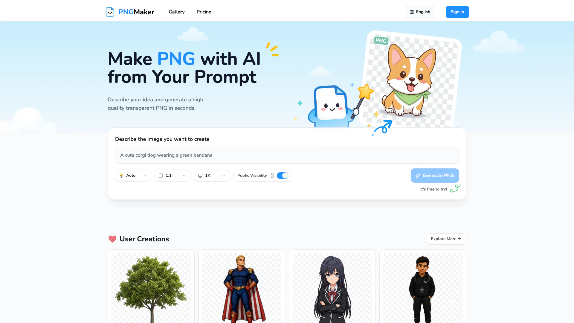 Png Maker website screenshot showing Create high-quality transparent PNG imag... interface and features